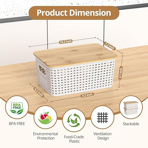 Miniatura 2 de Cestas de almacenamiento de plástico con tapas de bambú, contenedores pequeños apilables para organización y contenedores para estantes, cajones,