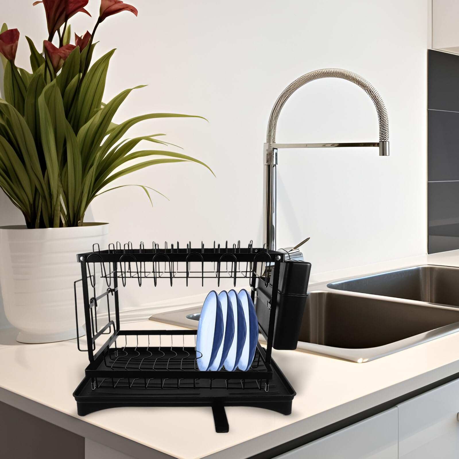 MAGICLULU 1 Set Égouttoir à Vaisselle Porte-couverts et Pot en Acier Carbone, Plateau Égouttoir Amovible, Design Compartimenté, Maintien des Bols Secs et Propres Cuisine