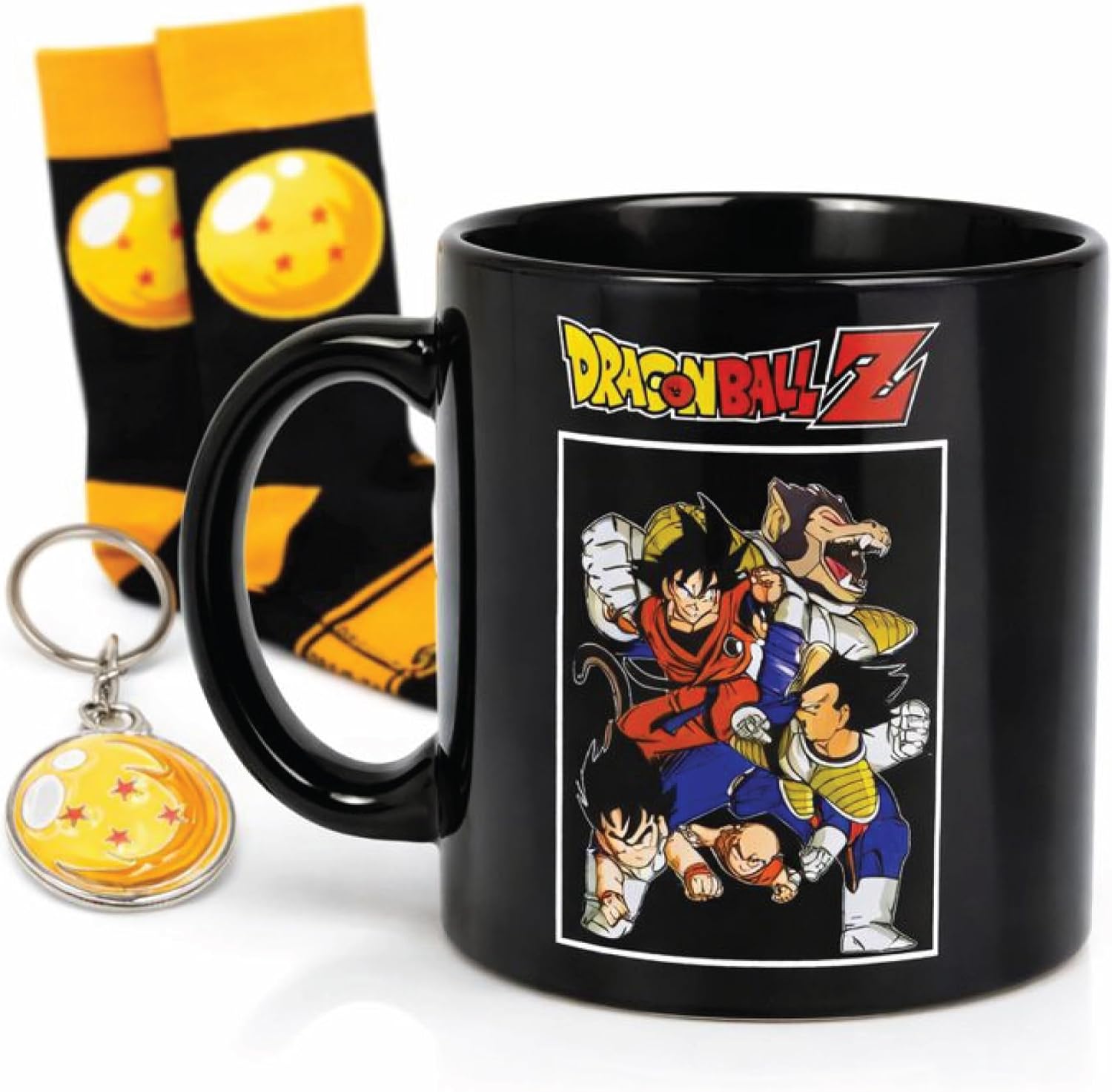 Dragon Ball Z Classic All Time Favorite Anime Battle Icon 3-Piece Gift Set – Comic Art 12oz Mug, Signature Print Crew Socks & Metal Keychain, Multicolor