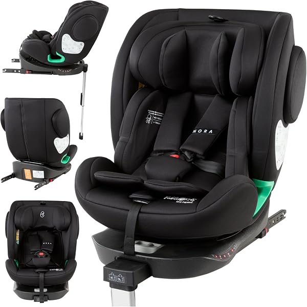 FableKids NORA fotelik dziecięcy czarny, obracany o 360° fotelik samochodowy i-Size w rozmiarze 40-150 cm, reboarder z ISOFIX i nogą podpierającą, zagłówek i oparcie z regulacją wysokości, certyfikat