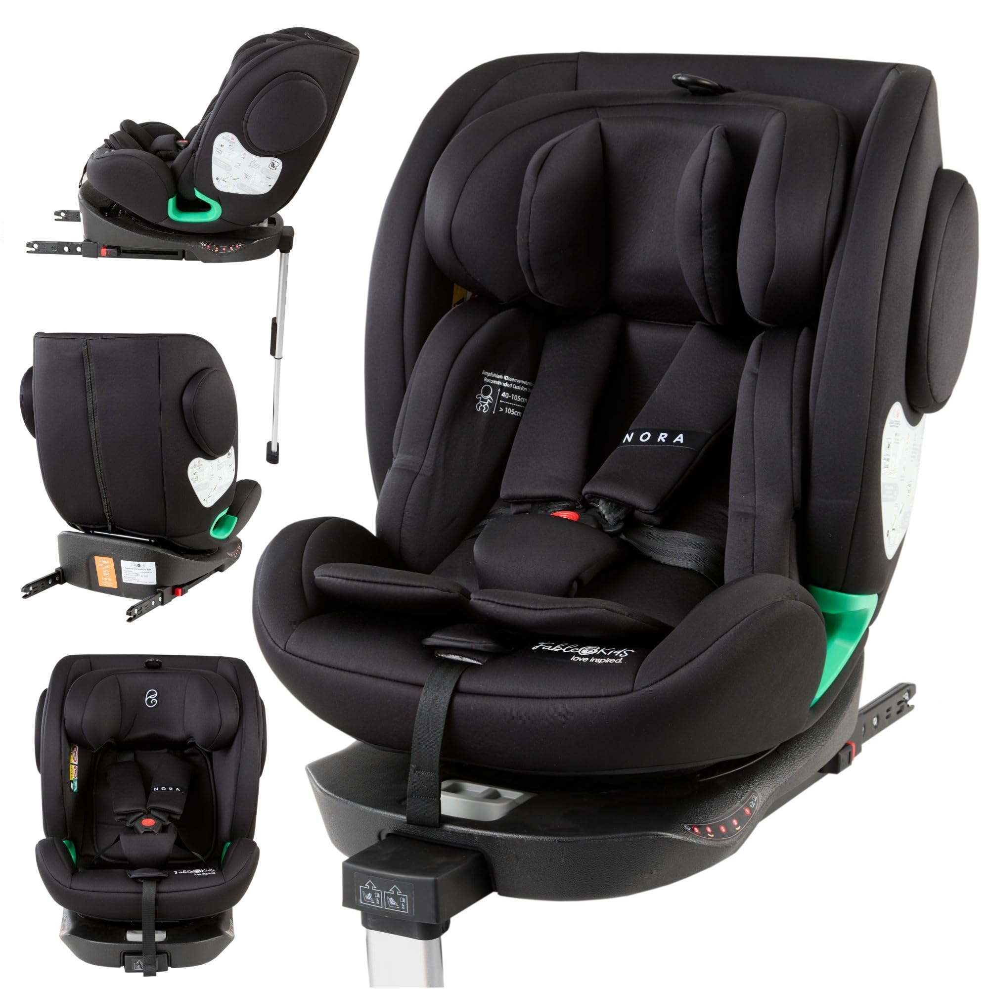FableKids Siège enfant NORA noir | Siège auto i-Size pivotant à 360° 40-150 cm | Siège dos à la route avec ISOFIX et jambe de force | Appuie-tête et dossier réglables en hauteur | Certifié ECE R129/04 - 1