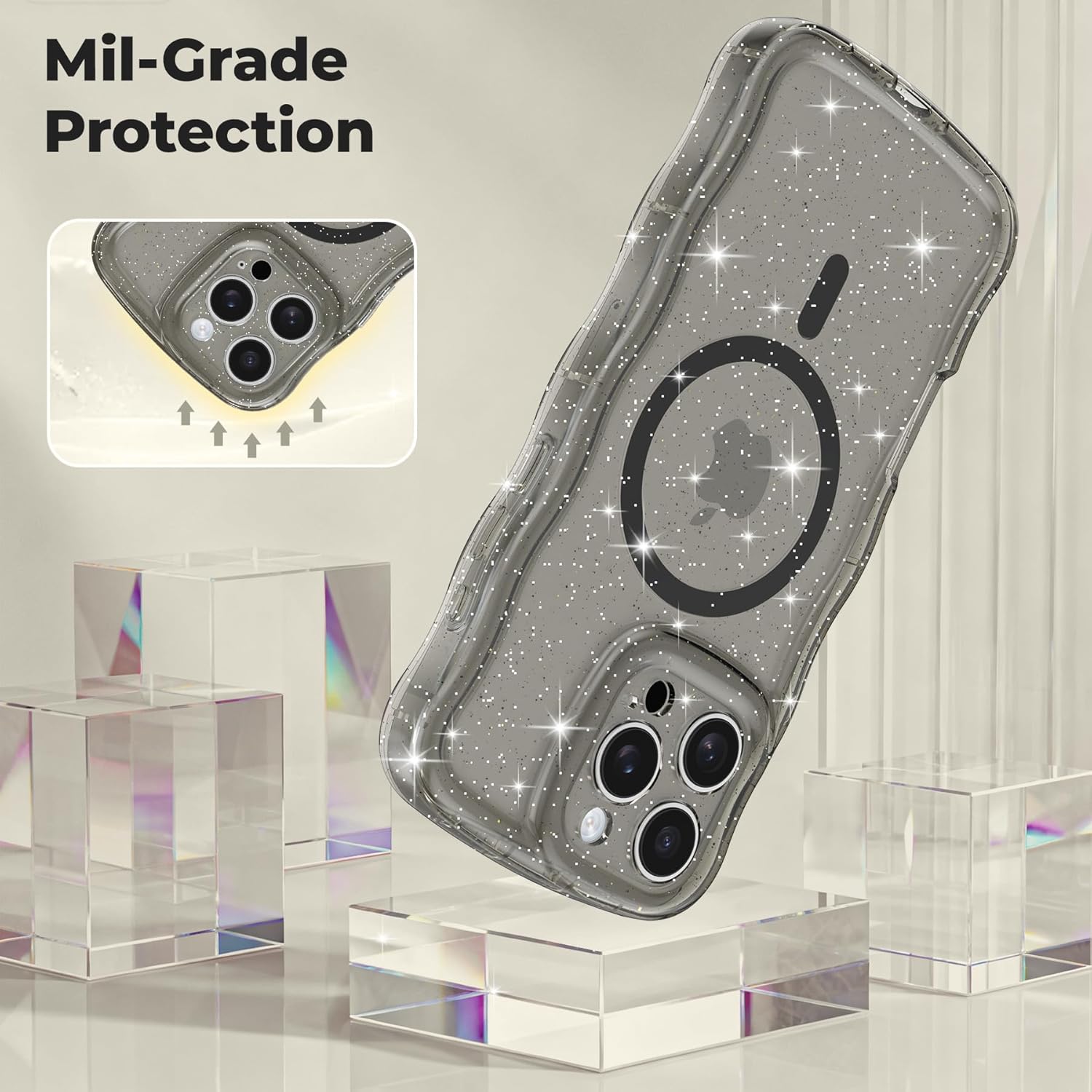 FABSPARK Case for iPhone 15 Pro Max,Compatible with MagSafe,Magnetic Clear Curly Wavy Frame Wave Case with Sparkly Bling Glitter,Transparent Acrylic Hard PC for iPhone 15 Pro Max,Glitter Clear Black - Image 6