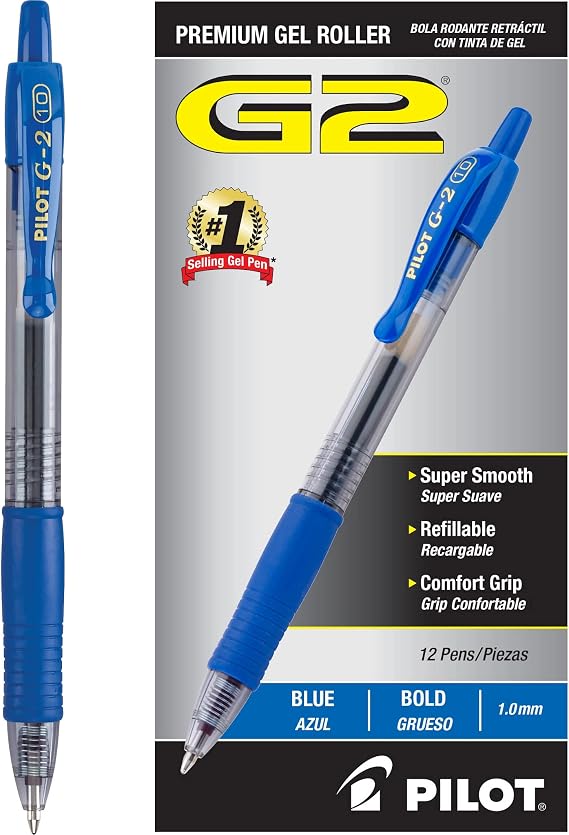 Pilot G2 Premium Gel Roller Pens, Bold Point 1 mm, Blue Ink Pens Bold Point, Pack of 12 - Ideal for School, Journaling, and Office Writing