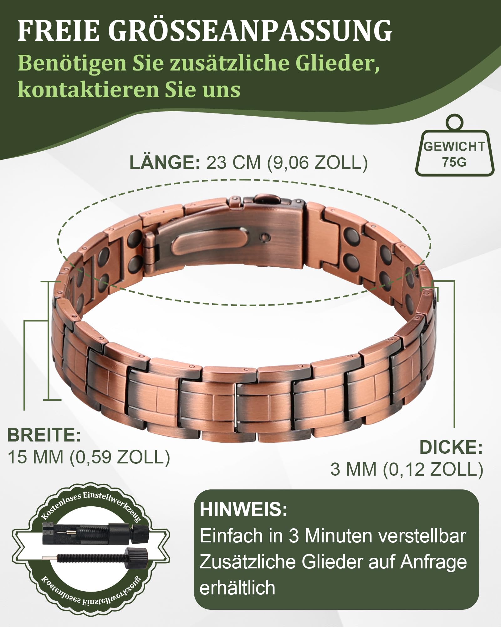 BioMag Herren Kupferarmband aus 99,99% Reinkupfer, Magnetarmband mit Schmetterlingsverschluss und integriertem Größenregler