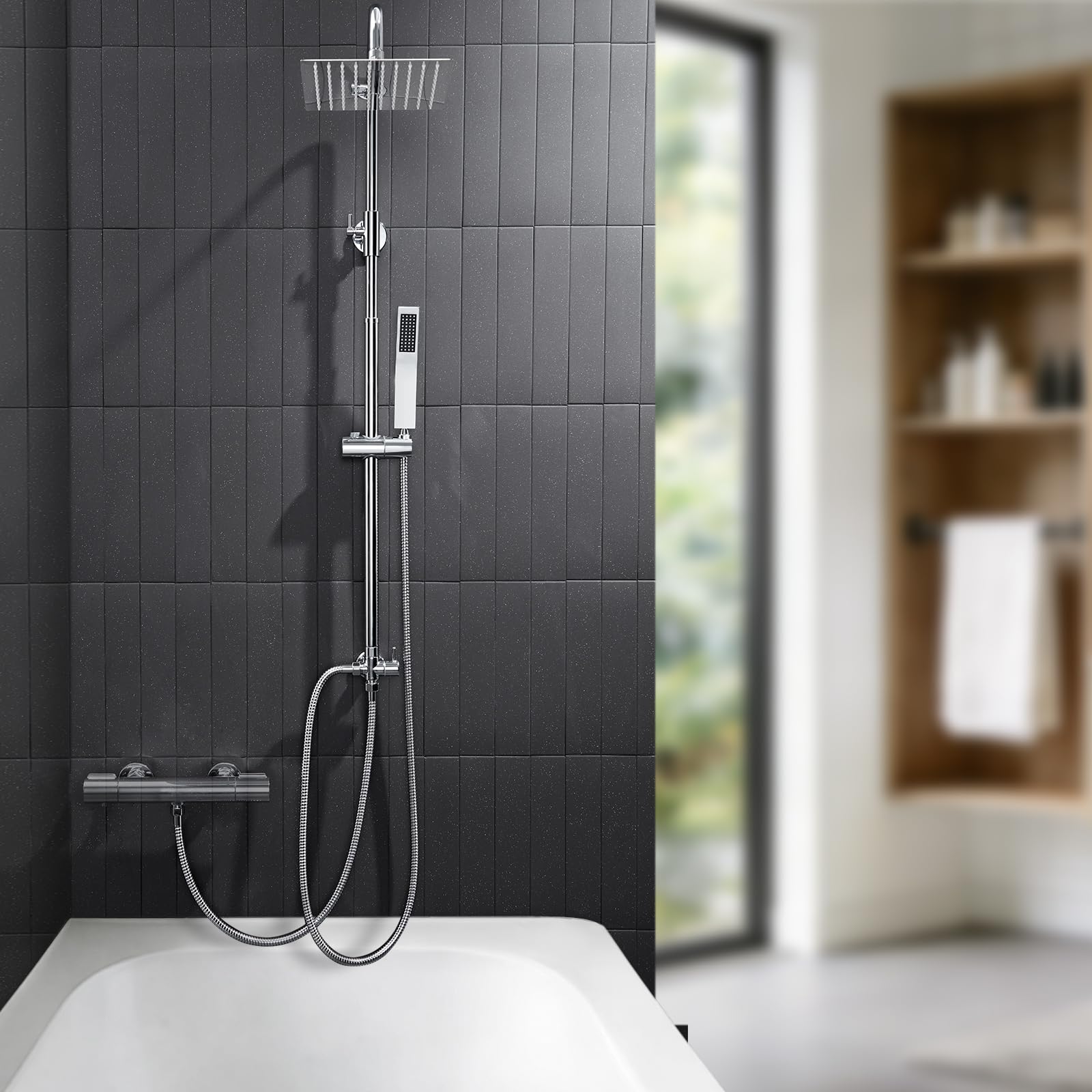 Auralum Columna Ducha sin Grifo, Set de Ducha con Cabezal de Ducha Lluvia 30×30 cm Cuadrado Acero Inoxidable, Alcachofa, Barra de Ducha Altura Regulable 68-108cm,válvula desviadora de Latón,Cromo — view 15