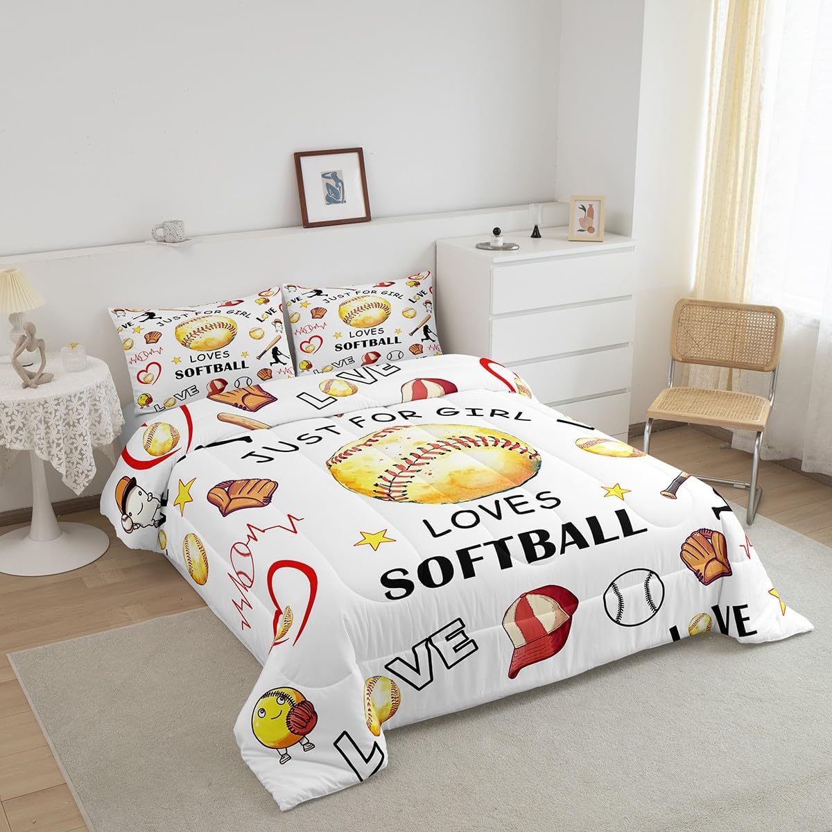 Softball Comforter Set Baseball Bat Glove King Bedding Set, Boys Ball Sports Comforter European Sport Fan Balls Games Duvet Insert