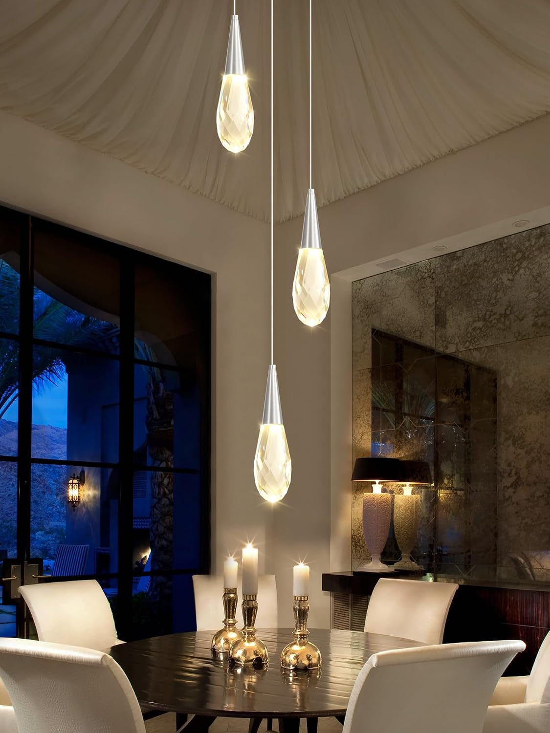 3-Lights Crystal Pendant Light Kitchen Islan Silver Hanging Chandelier Teardrop Crystal Pendant Light Fixture for Dining Room, Living Room,Kitchen lsland, Foyer