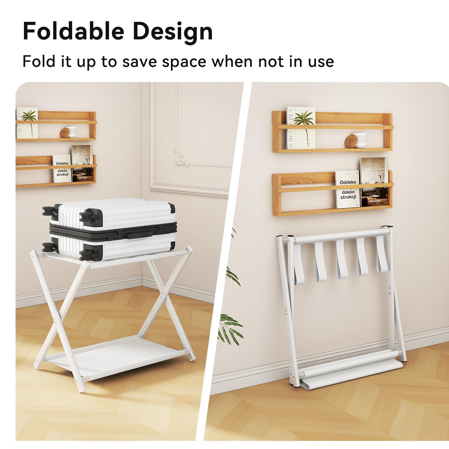 IBUYKE Luggage Rack Foldable Suitcase Stand with Storage Shelf White