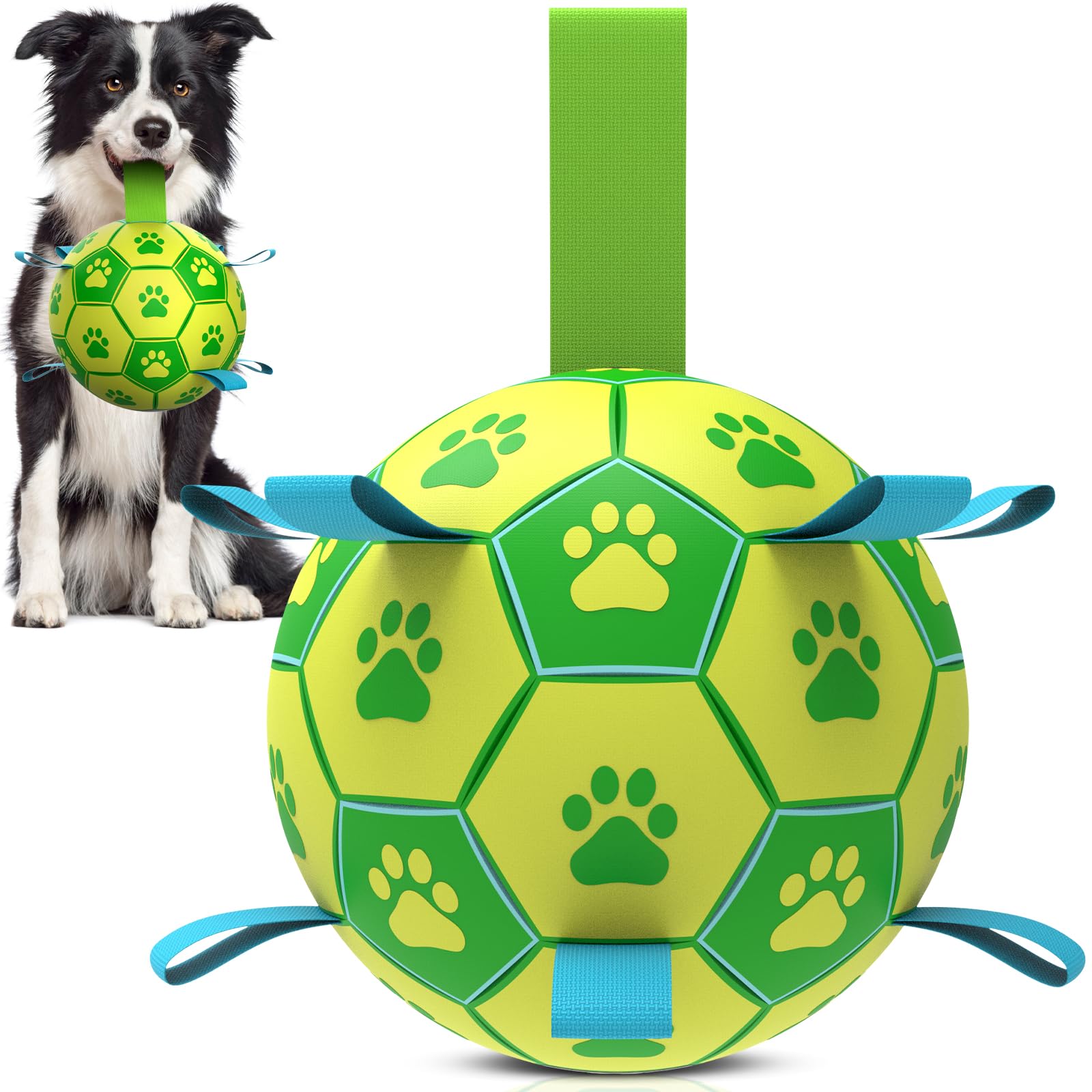 HETOO Dog Balls, Dog Football Toys with Webbing, Interactive Dog Ball Toys for Touring, Durable High Bounce Floating Dog Toy Balls for Dog Birthday Gifts Indoor & Outdoor Medium Yellow Green (6 Inch) — image 1