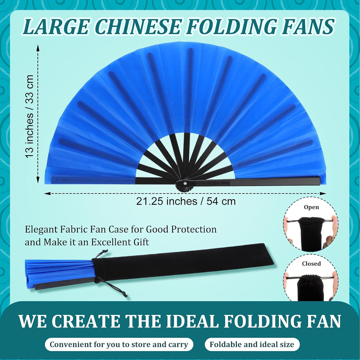 Blulu 4 Pcs Large Folding Fans Bulk with 4 Fan Sleeves, Chinese Kung Fu Hand Clack Rave Fans for Line Dancing, Festival, Party Decor and Performance(Classic Style,Classic Color,11 Inch)