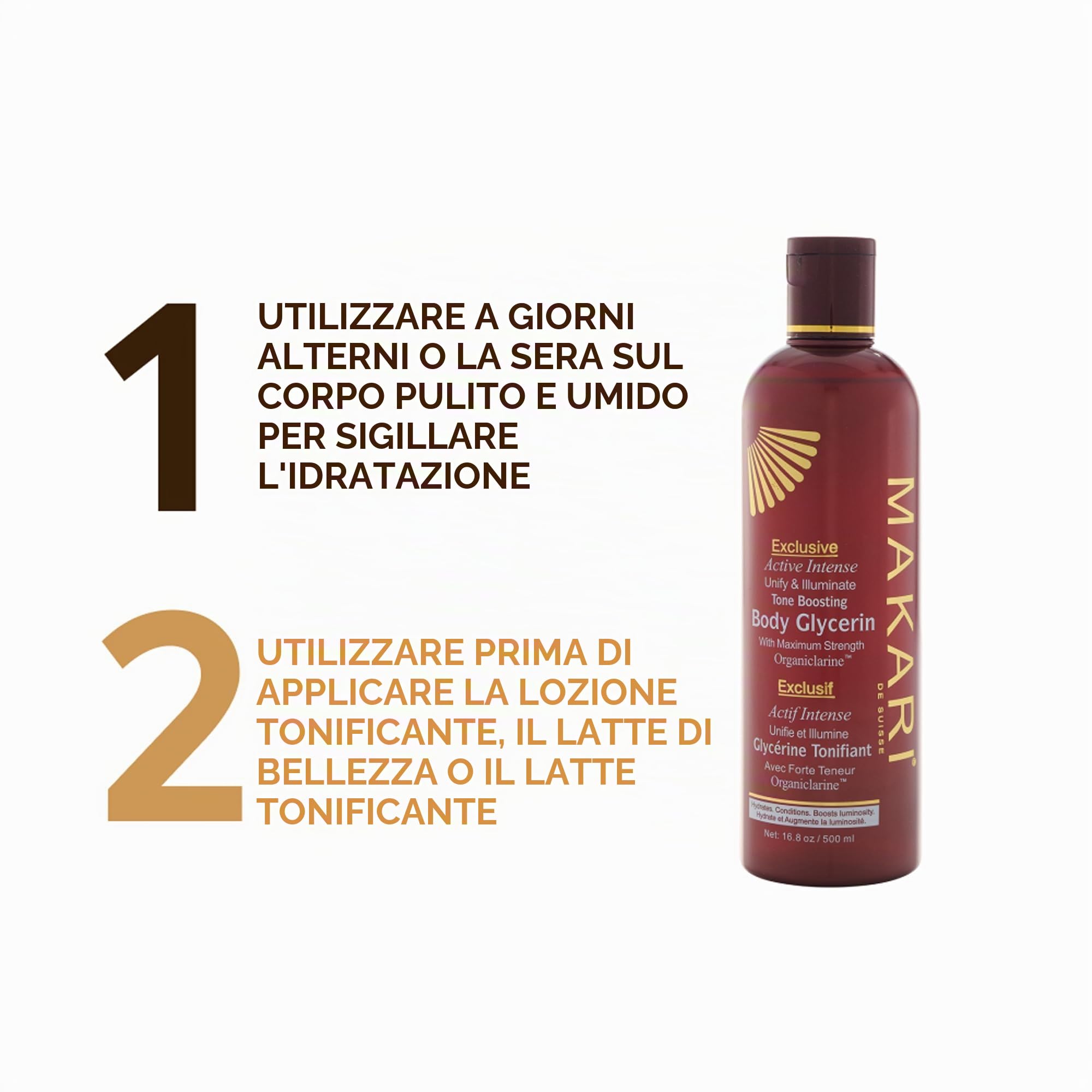 Glicerina Rischiarante Attiva Exclusive Makari [500ml] - Crema Corpo Idratante Rischiarante Makari con Organiclarine™ - Trattamento Rischiarante per Macchie Scure, Segni dell'Età e Imperfezioni
