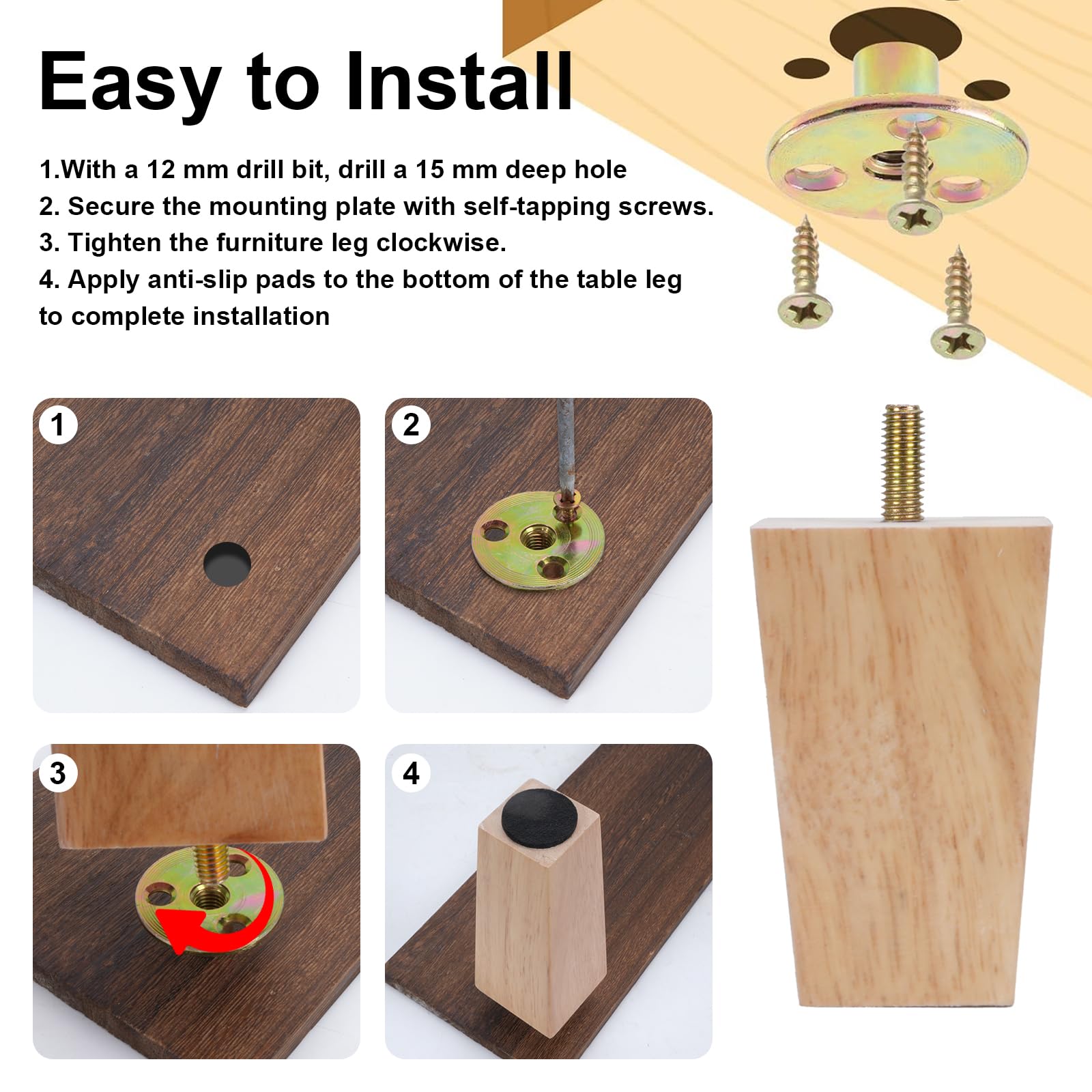 4 Pcs Patas para Muebles de Madera 10 cm Patas de Madera para Muebles Cuadradas Macizas Patás de sofá de Repuesto con placa de montaje,almohadilla antideslizante,tornillo,para mesa,cama,Armario