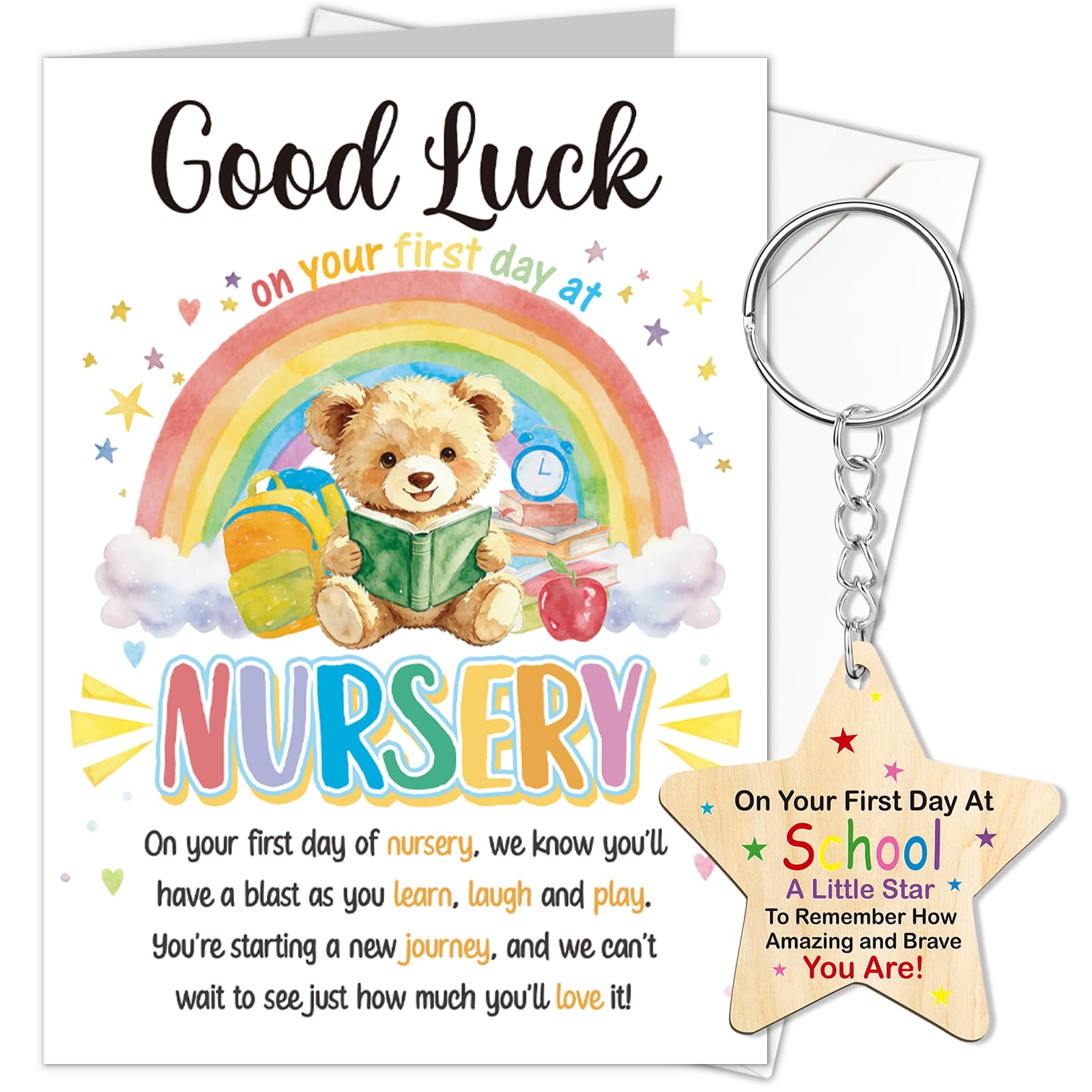 HOWAF First Day at Nursery Card, First Day at School Card Good Luck Cards & Wooden Keyring, Starting School Card Nursery Gifts for Boys Girls