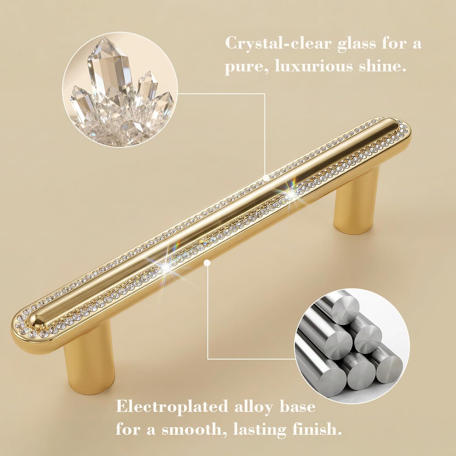 POZEAN Gold Cabinet Pulls 4 Pack, Luxury Crystal Drawer Knobs Handles, Easy Install Modern Cabinet Pulls for Kitchen Bathroom Vanity