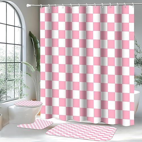 Miniatura 3 de Juego de 4 cortinas de ducha a cuadros, divertidos juegos de baño a cuadros, suaves y antideslizantes, cubierta de inodoro en forma de U, cortinas