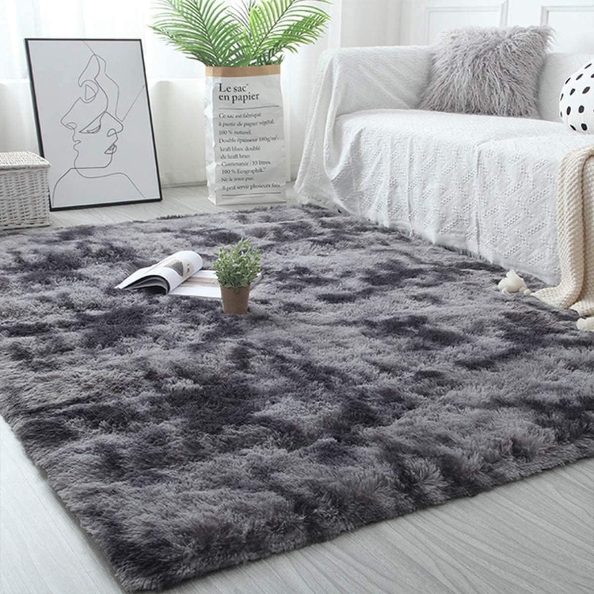 – Fluffy Area Rug, 200x140cm Black Grey Extra Large Non-skid Indoor Tie-dyed Faux Fur Fluffy Rug, Modern Shaggy Bedroom Rugs Shag Area Rug for Boys Girls Room Home Decor Area Rug