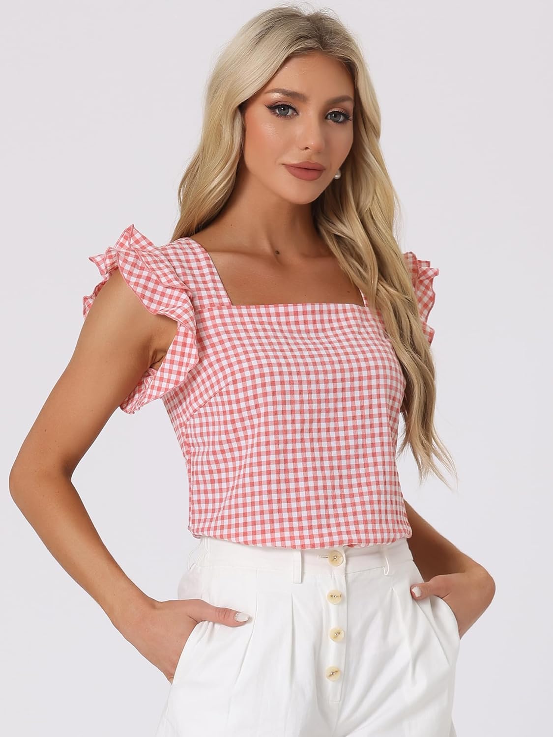 Allegra K Gingham Tops for Women Summer Ruffle Cap Sleeve Square Neck Plaid Blouses Shirt Summer Outfits - Image 4