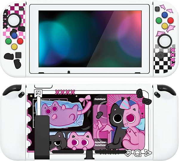PlayVital ZealProtect Weiche Schutzhülle für Nintendo Switch Konsole Joy Con, Case Hülle Cover Zubehör für Switch mit HD Klar Schutzfolie&Sticks Kappen&ABXY Richtungstastenkappen(PP & VV) - 1