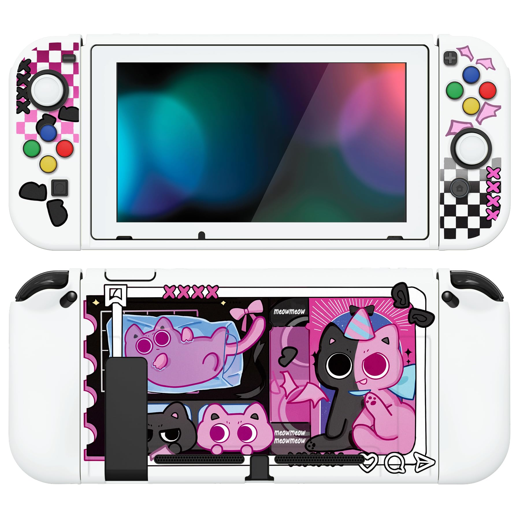 PlayVital ZealProtect Weiche Schutzhülle für Nintendo Switch Konsole Joy Con, Case Hülle Cover Zubehör für Switch mit HD Klar Schutzfolie&Sticks Kappen&ABXY Richtungstastenkappen(PP & VV) - 1