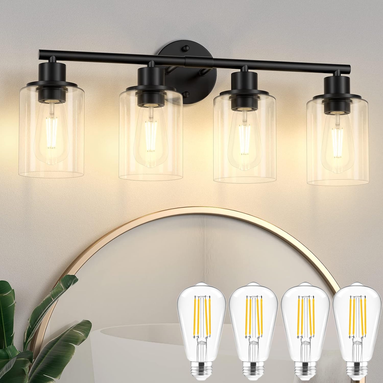 Amico - - Amico Vanity Lights For Bathroom, 4-Lights Painted Bathroom Light Fixtures Over Mirror With Clear Glass Shade 27.5inch Wall Sconce Lighting Bath - Black & Gold