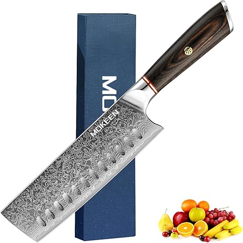 Nakiri - Cuchillo de cocina de acero Damasco VG10 de 7 pulgadas, 67 capas para cortar carne y verduras, cuchillo de chef con mango de madera Pakka