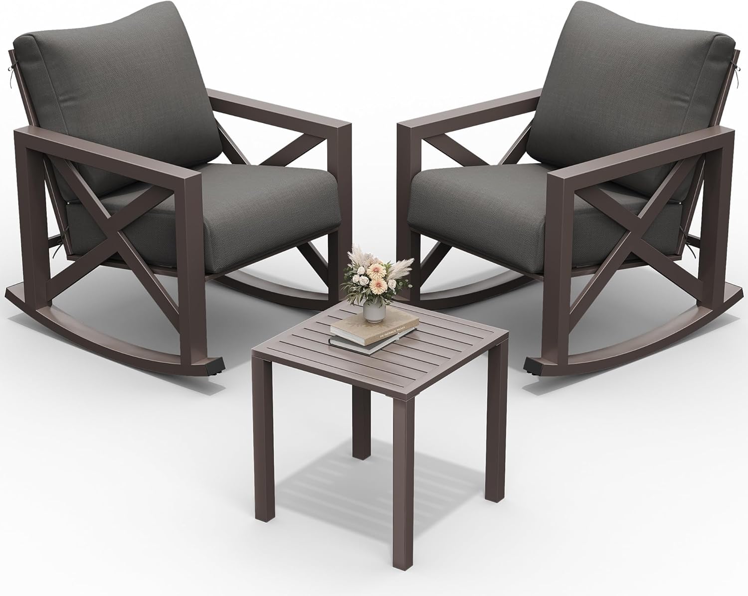 UDPATIO Outdoor Rocking Chair Set of 2 with Coffee Table, 3 Piece Metal Patio Furniture Set with 6.5" Water-Resistant Cushions, Oversized, 350lbs Heavy-Duty, for Porch, Patio, Balcony, Dark Grey