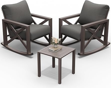 UDPATIO Rocking Chair Outdoor Oversized Metal Bistro Set 6.5" Cushion Grey