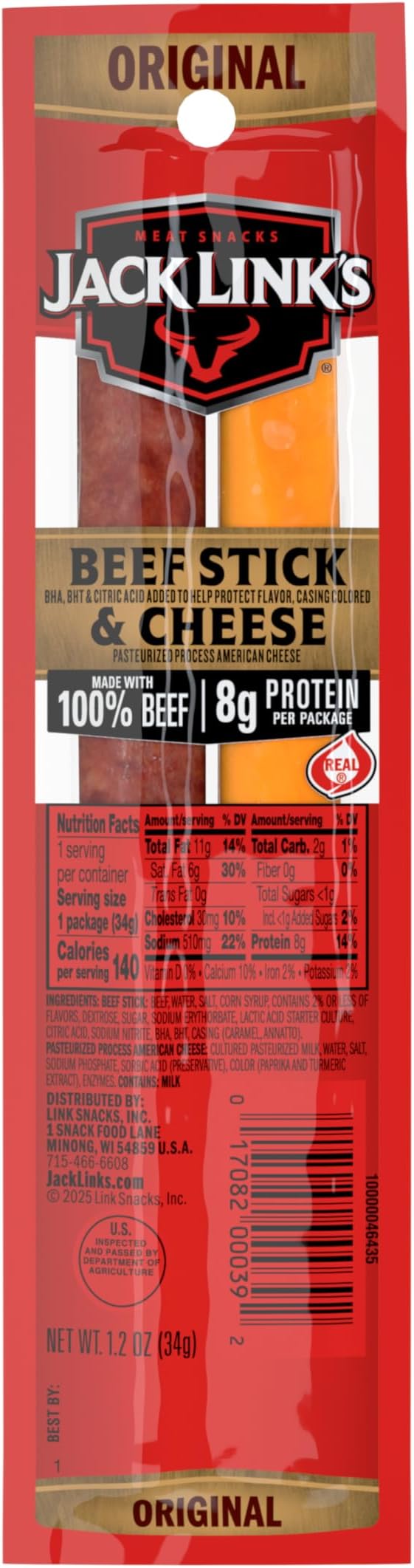 Original Beef & Cheese Combo Snack Pack – 100% Beef Stick and Cheese Stick Made with Real Wisconsin Cheese - 8g Protein and 140 Calories per serving, 1.2 oz. (Pack of 16)