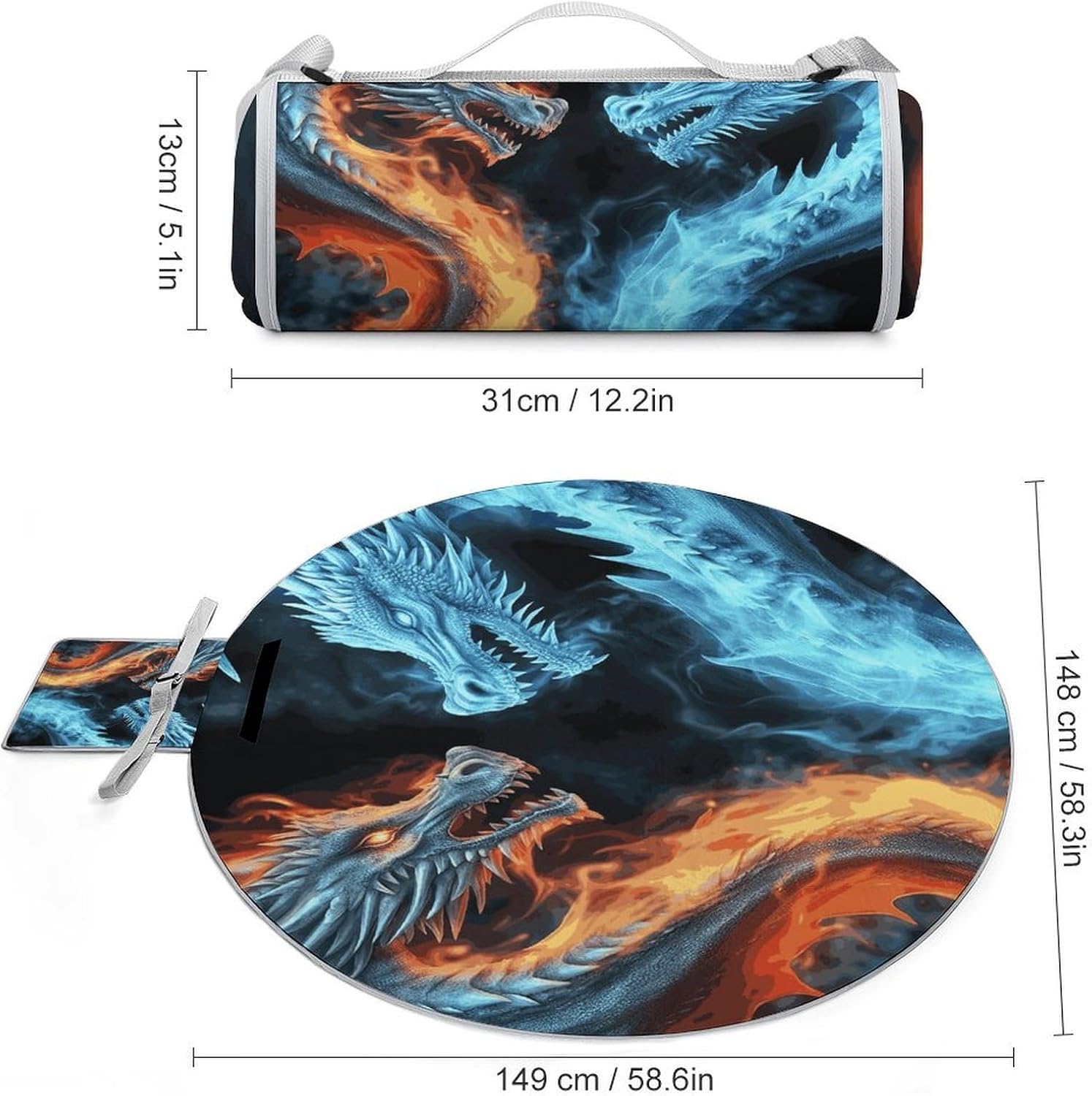 Ice and Fire Dragons Picnic Mat Lightweight Waterproof Picnic Blankets Extra Large Picnic Outdoor Blankets Foldable Sandproof Beach Blanket for Park Beach Camping Courtyard 58.3''x58.3''