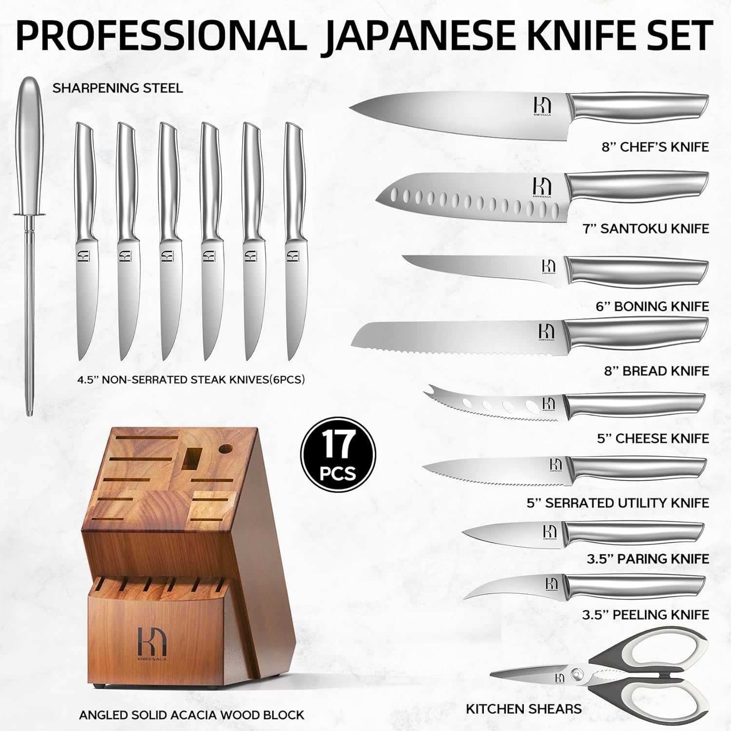Kitchen Knife Set with Block 17 Pcs, Knife Block Set, Japanese High Carbon Stainless Steel Knives Set for Kitchen with Sharpener, Razor Sharp Premium Block Knife Sets - Image 6