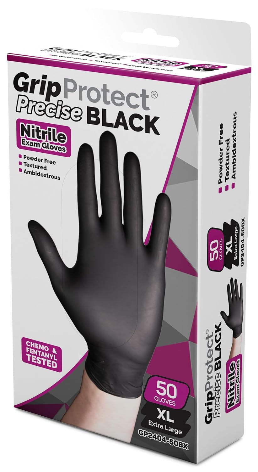 GripProtect® Precise Black Nitrile Gloves, Exam, 4 Mil, Food, Home, Cleaning, Medical/Dental, Tattoo (Large, 1,000)