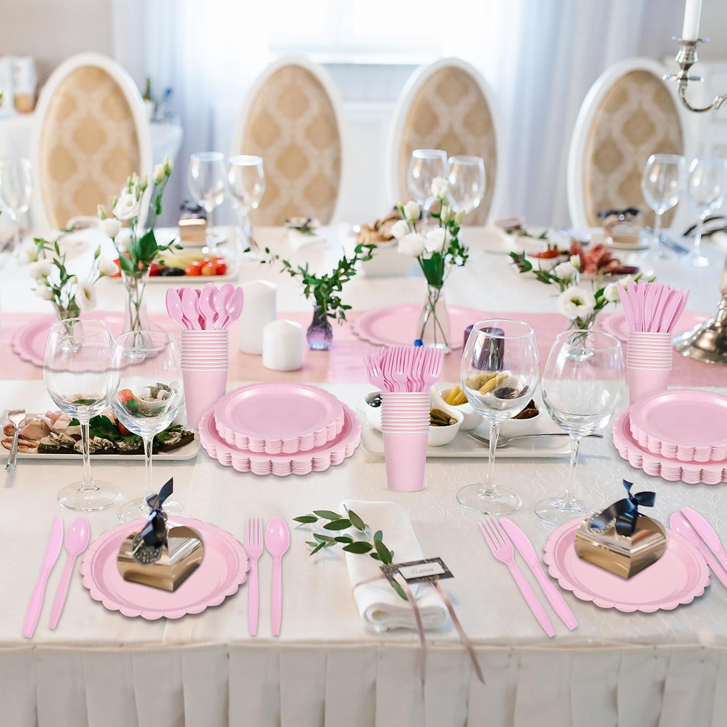 350 Pcs Pink Paper Plates and Napkins, Light Pink Party Supplies Include Valentines Plates Napkins Cups Plastic Spoons Forks Knives for Valentines day, Baby Bridal Shower, Wedding, Birthday - Image 6