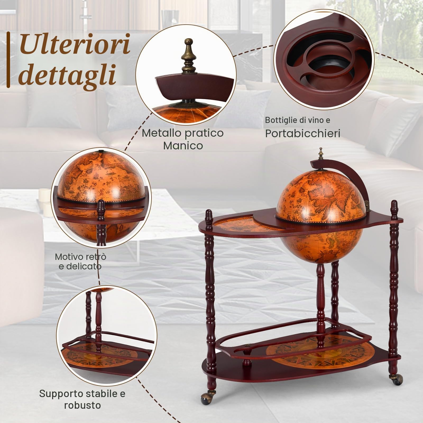 KOMFOTTEU Portabottiglie Bar Globe con Ruote, Supporto per Bottiglie a 2 Livelli, Carrello da Bar in Legno, Mobile Minibar per Bevande, per Ristorante, Festa (Marrone, 70 x 45 x 88 cm)