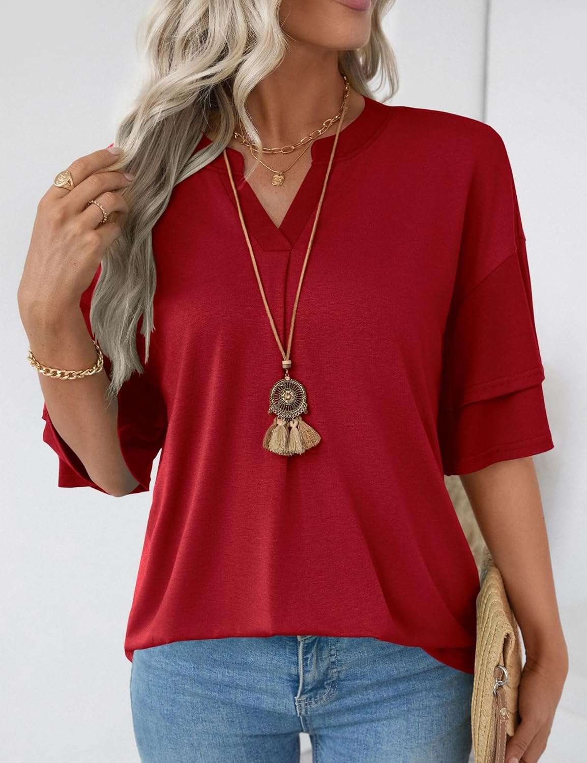 LOMON Womens Tops Ruffle Short Sleeve Blouses Fashion V Neck T Shirts Dressy Casual 3/4 Bell Sleeve Tee Spring Summer Clothes - Image 4