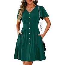 Zattcas Short Sleeve Casual Summer Dresses for Women | Smocking Waist Mini Dress with Pockets, V Neck Flutter Sleeve Short Dress, Business Casual Work Teacher Church Dress