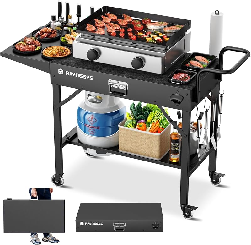 Carro de parrilla plegable para exteriores de 440 libras, soporte para parrilla Blackstone | Soporte de mesa para parrilla para Onni, mesa de preparación de alimentos con ruedas para barbacoa al aire libre, soporte para parrilla de campamento, 31 pulgadas de ancho x 17 pulgadas de profundidad, 2 niveles