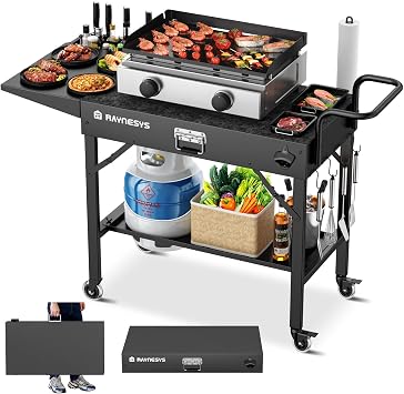 Raynesys 440lbs Outdoor Folding Grill Cart, Blackstone Griddle Stand | Griddle Table Stand for Onni, Food Prep Table with Wheels for Outdoor BBQ Camp Grill Stand, 31"W x 17"D, 2-Tier