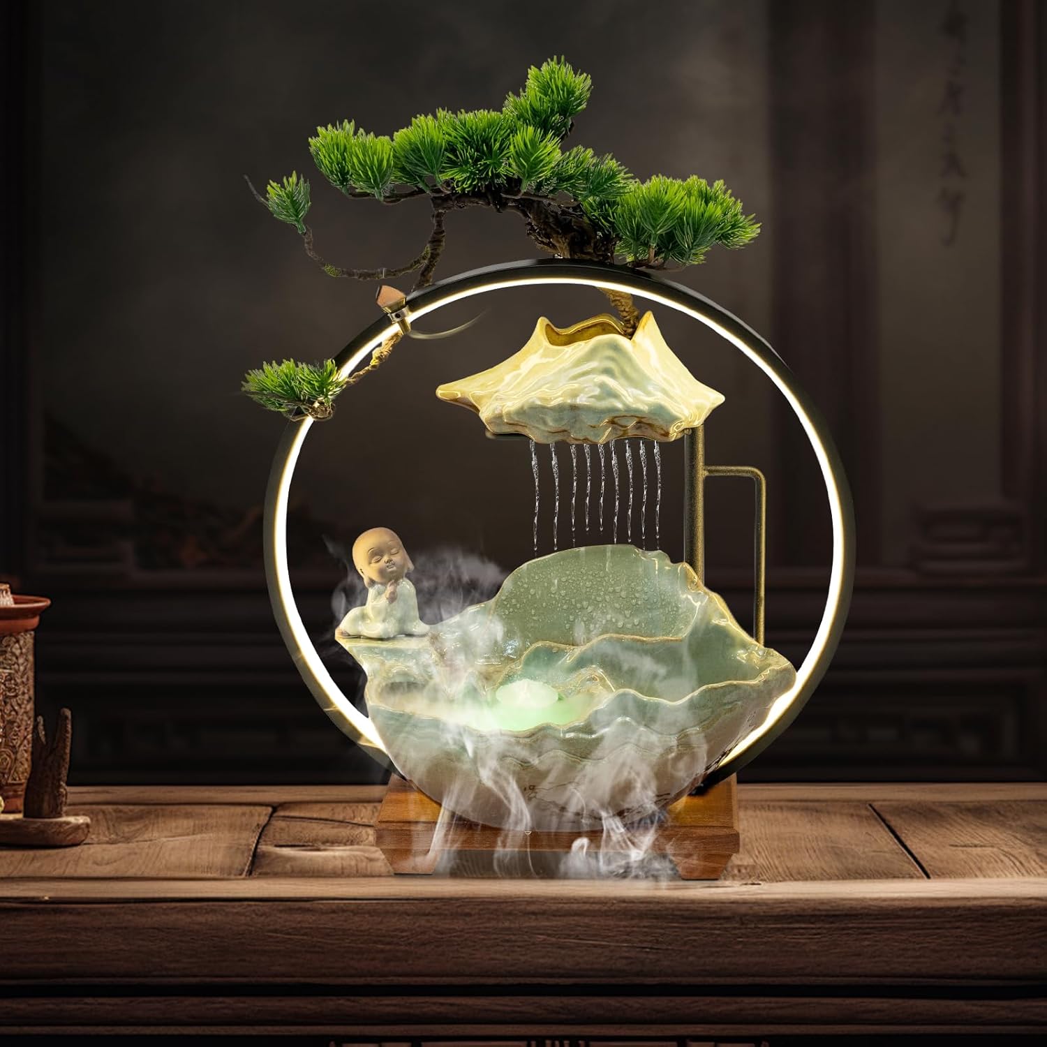 Backflow Incense Holder with Water Fountains and LED Light, Rockery, Meditation Monk and Plants Perfect for Relaxing or Home Decor (Meditation Monk)