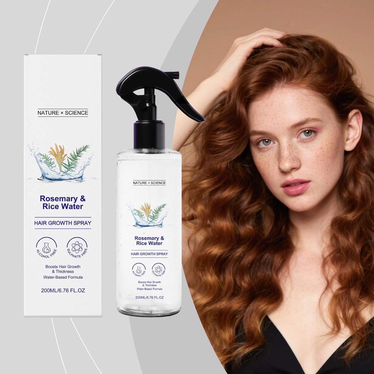 Spray per capelli al rosmarino e acqua di riso 200 ml, rinforza i capelli secchi e crespi, lenisce le ciocche, adatto alla cura quotidiana.