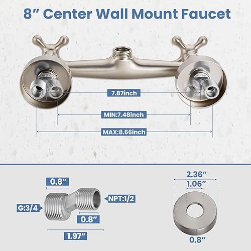 Vista 5 de Airuida Grifo de cocina de montaje en pared con rociador, grifo de fregadero de cocina montado en la pared, asas dobles cruzadas, boquilla giratoria