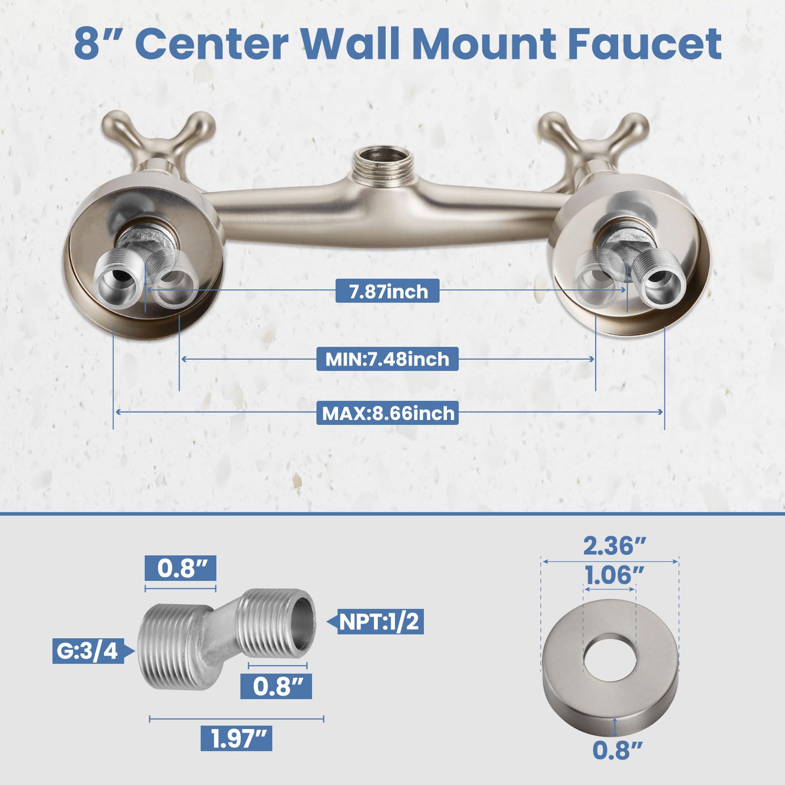 Airuida níquel cepillado montaje en pared grifo del fregadero 8 pulgadas centro doble cruz manijas 360 grados giratorio caño cocina mezclador comercial