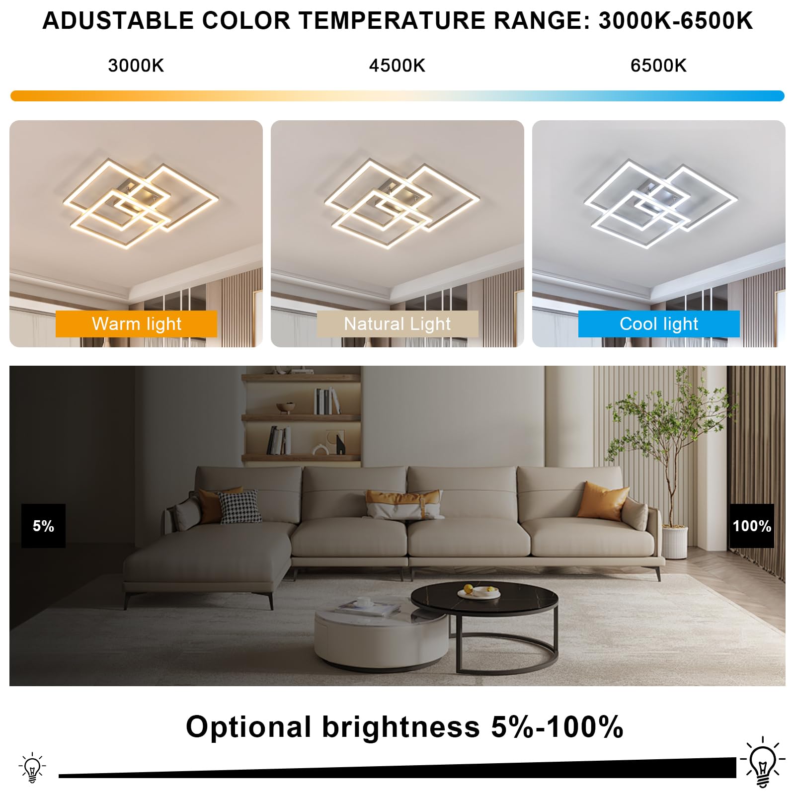Lampadario LED Soffitto Dimmerabile, Plafoniera LED Soffitto con Telecomando 40W 5400LM, Moderno Lampada da ED Argenteo Quadrata 3000K-6500K per Soggiorno Camera da Letto Cucina, 62CM