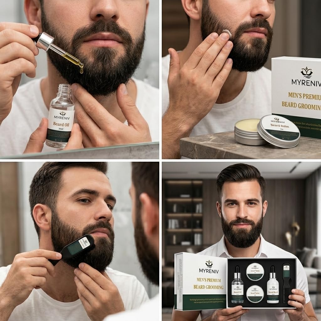Men’s Beard Grooming Kit – Oil, Balm, Wash & Comb Set | Complete Beard Care Set: Oil, Balm, Wash & Comb