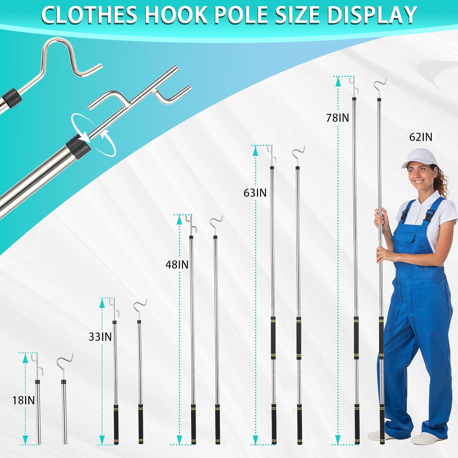 Clothes Hook Pole Heavy Duty,32 to 80In Retail Clothing Hook Pole image 2