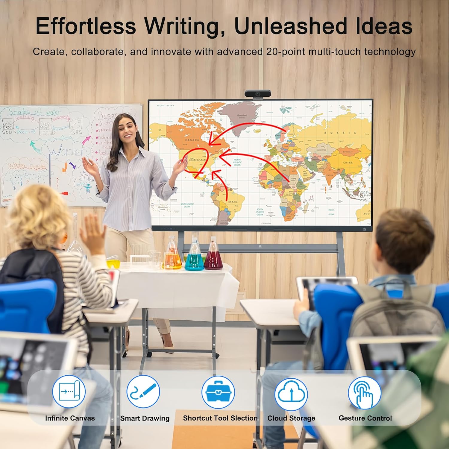 75" Smart Board, 4K Touch Screen Interactive Whiteboard with Windows 11 Pro & Android 14.0, All-in-One Computer with AI Camera and Movable Stand for Classroom and Office