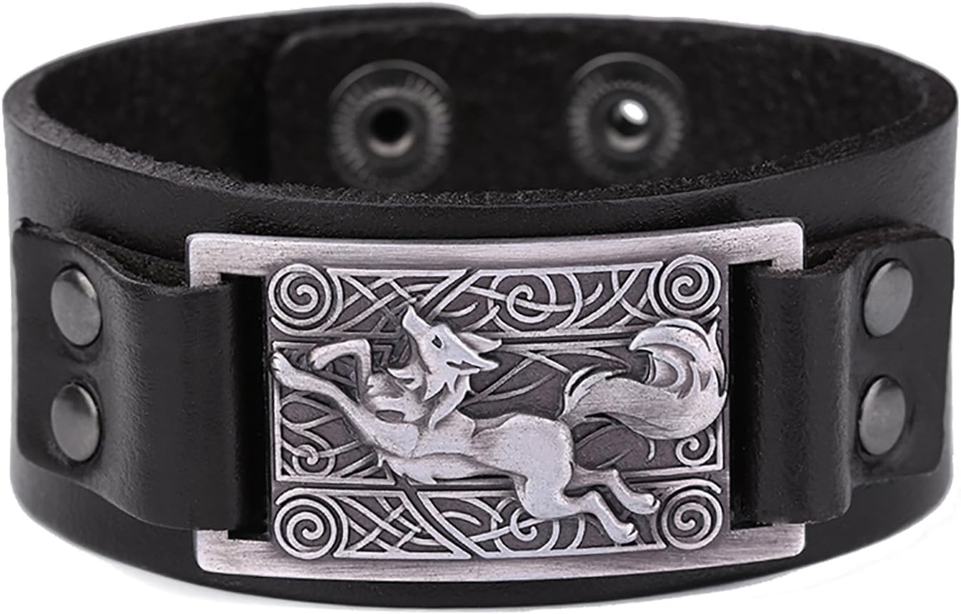 Pagan Nordic Viking Wolf Celtic Knot Metal Cuff Bracelet Spiritual Animal Jewelry for Men/Women Gift (black wristband, antique silver)