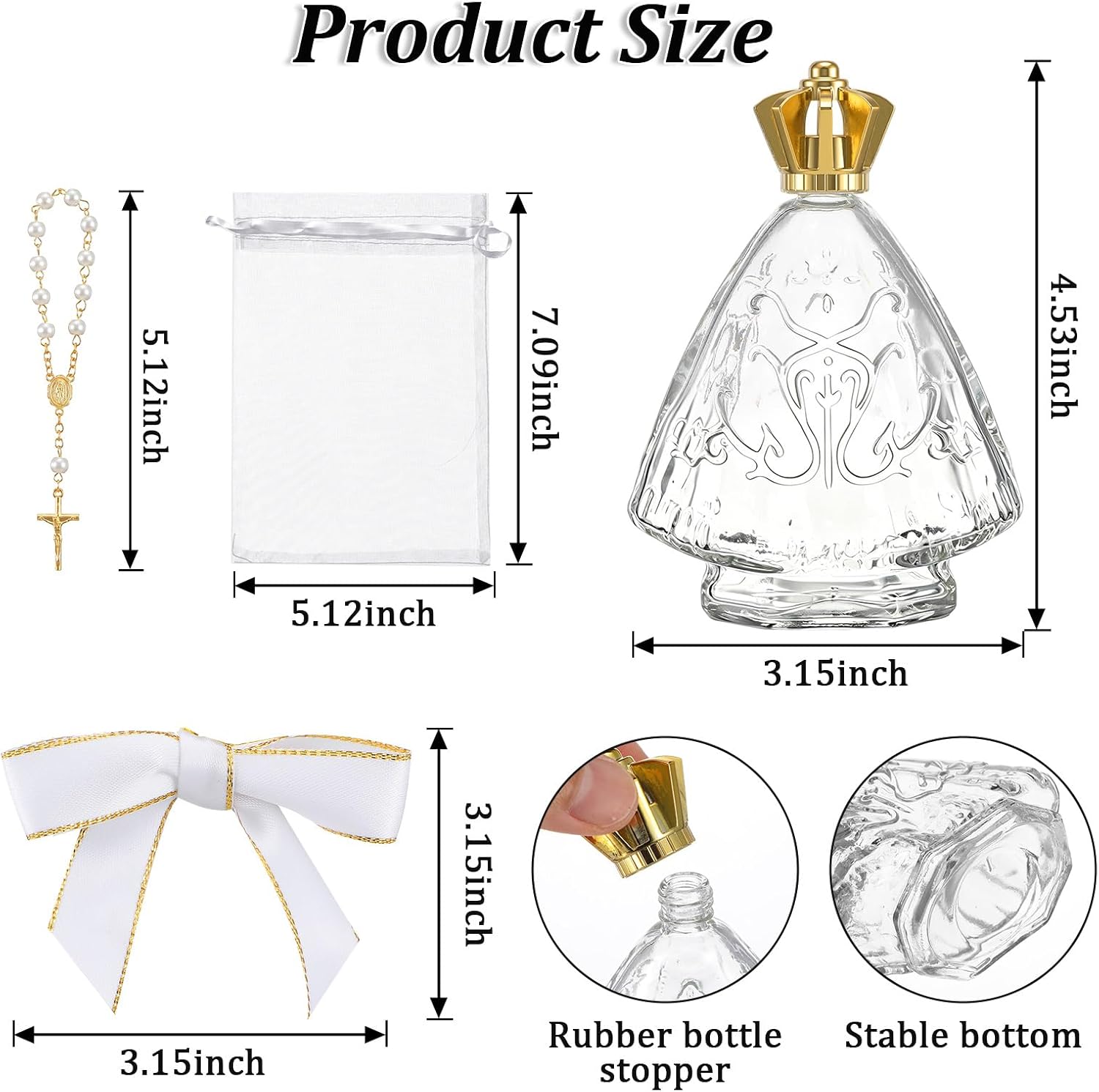 12 Sets Recuerdos de Bautizo Holy Water Bottles, Recuerdos de Primera Comunion Glass Containers with Cross Rosary Organza Bag Bow, 50ml Communion Favors Wedding Baptism Party Favors (White)