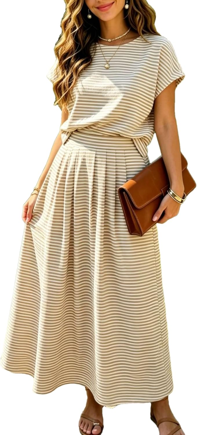 Womens 2 Piece Skirts Sets Striped Cap Sleeve Cropped Tops Elastic Waist Midi Dress Lounge Travel Outfits