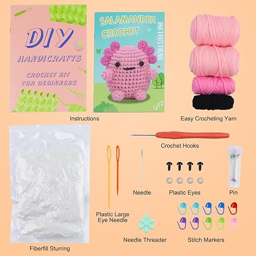 Miniatura 6 de Dasonwin Kit de ganchillo para principiantes, kits de ganchillo con tutoriales de video paso a paso, un kit de animales de ganchillo rosa - Axolotl,