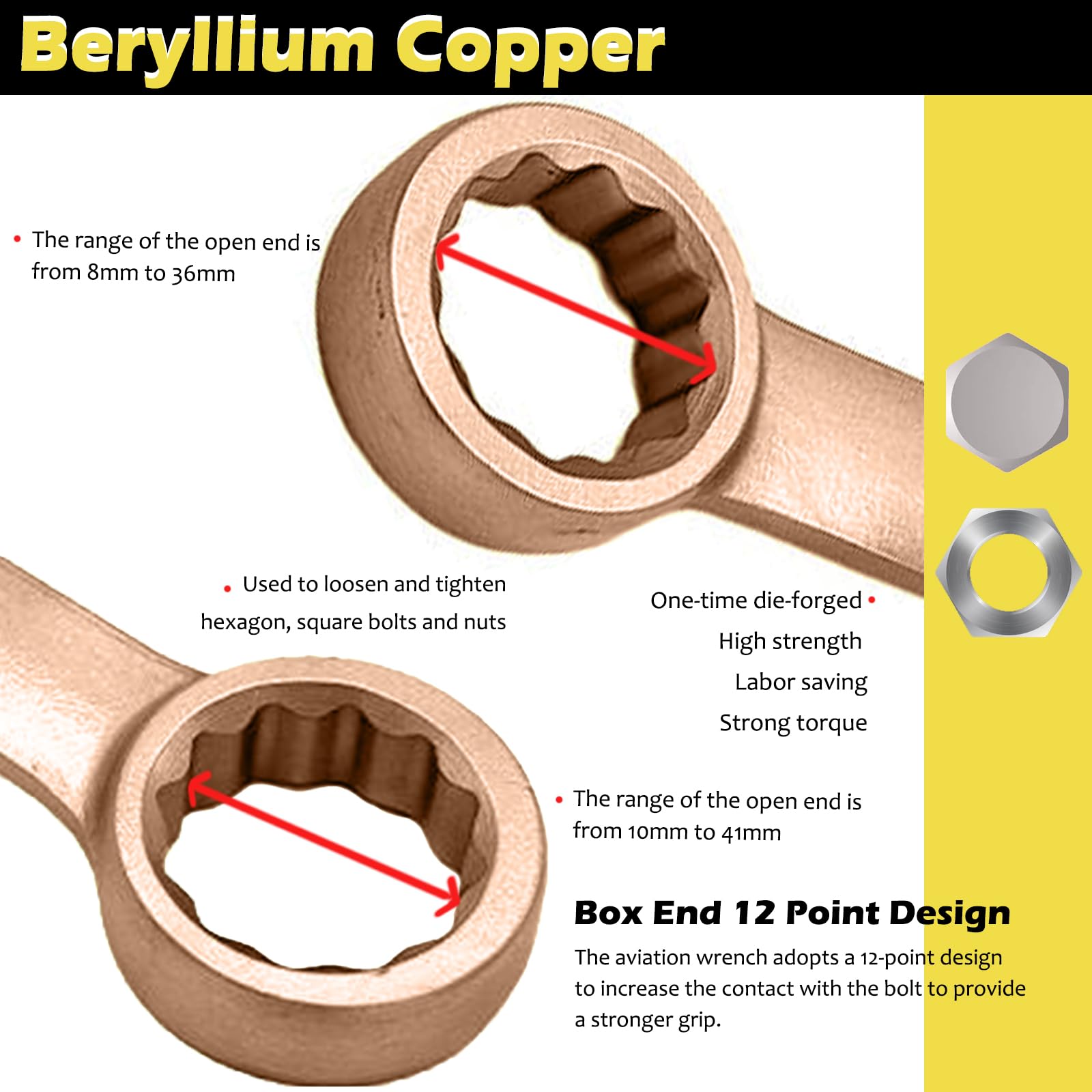 WEDO Llave sin chispas,llave inglesa,caja plana doble,forjada,llave de seguridad sin chispas,resistente a la corrosión,bronce berilio,DIN,aprobado por BAM/ATEX 30x32mm de ancho